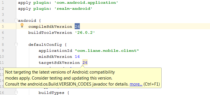 Warning on old target version in AndroidStudio