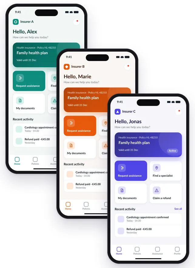 Illustrative mockup of the same health insurance self-care app configured with three different insurer brands